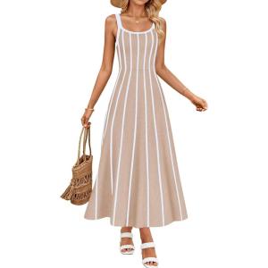 imageZESICA Womens 2025 Summer Sleeveless Striped Midi Dresses Casual A Line Swing Knit Long Dress Beach Vacation ClothesOatmeal