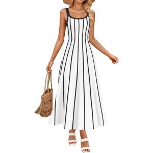 imageZESICA Womens 2025 Summer Sleeveless Striped Midi Dresses Casual A Line Swing Knit Long Dress Beach Vacation ClothesWhite