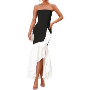 imageZESICA Womens 2025 Summer Strapless Bodycon Maxi Dress Ribbed Sexy High Split Mermaid Prom Party DressesBlack