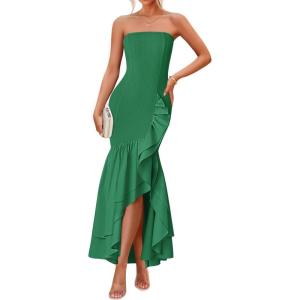 imageZESICA Womens 2025 Summer Strapless Bodycon Maxi Dress Ribbed Sexy High Split Mermaid Prom Party DressesDarkgreen