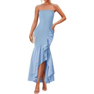imageZESICA Womens 2025 Summer Strapless Bodycon Maxi Dress Ribbed Sexy High Split Mermaid Prom Party DressesLightblue