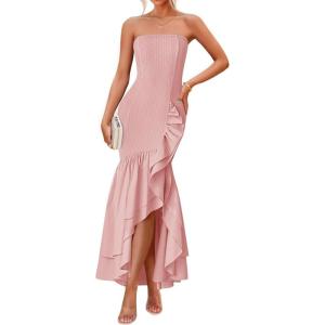 imageZESICA Womens 2025 Summer Strapless Bodycon Maxi Dress Ribbed Sexy High Split Mermaid Prom Party DressesPink