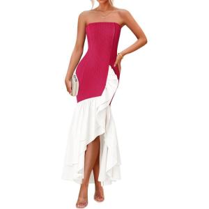 imageZESICA Womens 2025 Summer Strapless Bodycon Maxi Dress Ribbed Sexy High Split Mermaid Prom Party DressesRose