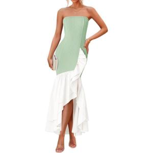 imageZESICA Womens 2025 Summer Strapless Bodycon Maxi Dress Ribbed Sexy High Split Mermaid Prom Party DressesSage