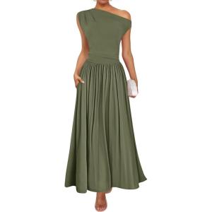 imageZESICA Womens Summer 2025 Sleeveless Maxi Dress One Shoulder Casual Slim Swing Pleated Formal Dresses with PocketsArmygreen