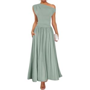 imageZESICA Womens Summer 2025 Sleeveless Maxi Dress One Shoulder Casual Slim Swing Pleated Formal Dresses with PocketsBeangreen