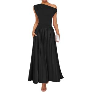 imageZESICA Womens Summer 2025 Sleeveless Maxi Dress One Shoulder Casual Slim Swing Pleated Formal Dresses with PocketsBlack