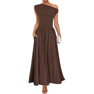imageZESICA Womens Summer 2025 Sleeveless Maxi Dress One Shoulder Casual Slim Swing Pleated Formal Dresses with PocketsBrown