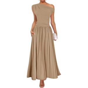 imageZESICA Womens Summer 2025 Sleeveless Maxi Dress One Shoulder Casual Slim Swing Pleated Formal Dresses with PocketsLightkhaki
