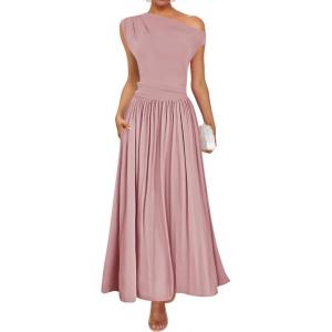 imageZESICA Womens Summer 2025 Sleeveless Maxi Dress One Shoulder Casual Slim Swing Pleated Formal Dresses with PocketsPink