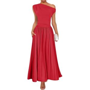imageZESICA Womens Summer 2025 Sleeveless Maxi Dress One Shoulder Casual Slim Swing Pleated Formal Dresses with PocketsRed