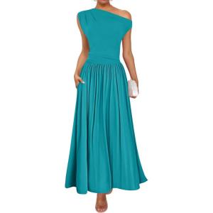 imageZESICA Womens Summer 2025 Sleeveless Maxi Dress One Shoulder Casual Slim Swing Pleated Formal Dresses with PocketsTeal