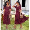 imageZESICA Womens Summer Boho Floral Midi Dress 2025 Casual Short Sleeve Square Neck Flowy Beach Vacation Long DressWine