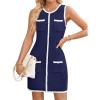 imageZESICA Womens 2025 Summer Sleeveless Mini Dress Crewneck Button Knit Color Block Bodycon Party Short Dresses with PocketsNavy