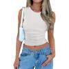 imageZESICA Womens Summer Tank Tops 2025 Sleeveless Crewneck Knit Slim Fitted Side Ruched Casual Basic ShirtIvory