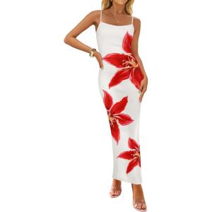 imageZESICA Womens Summer Bodycon Maxi Dresses 2025 Floral Spaghetti Strap Square Neck Sleeveless Boho Beach Long DressesWhite