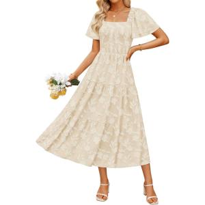 imageZESICA Womens Summer Boho Floral Midi Dress 2025 Casual Short Sleeve Square Neck Flowy Beach Vacation Long DressApricot