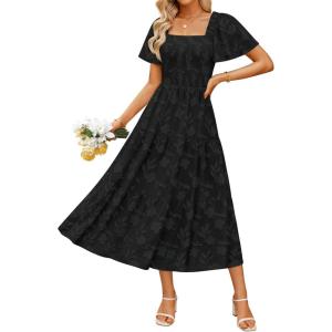 imageZESICA Womens Summer Boho Floral Midi Dress 2025 Casual Short Sleeve Square Neck Flowy Beach Vacation Long DressBlack