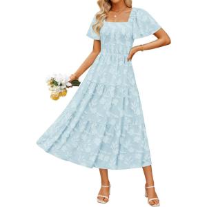 imageZESICA Womens Summer Boho Floral Midi Dress 2025 Casual Short Sleeve Square Neck Flowy Beach Vacation Long DressBlue