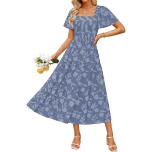 imageZESICA Womens Summer Boho Floral Midi Dress 2025 Casual Short Sleeve Square Neck Flowy Beach Vacation Long DressDustyblue