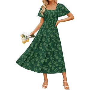 imageZESICA Womens Summer Boho Floral Midi Dress 2025 Casual Short Sleeve Square Neck Flowy Beach Vacation Long DressGreen