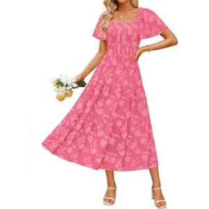 imageZESICA Womens Summer Boho Floral Midi Dress 2025 Casual Short Sleeve Square Neck Flowy Beach Vacation Long DressHotpink