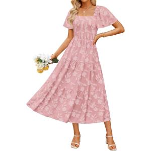 imageZESICA Womens Summer Boho Floral Midi Dress 2025 Casual Short Sleeve Square Neck Flowy Beach Vacation Long DressPink