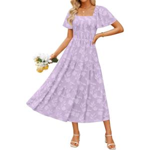 imageZESICA Womens Summer Boho Floral Midi Dress 2025 Casual Short Sleeve Square Neck Flowy Beach Vacation Long DressPurple