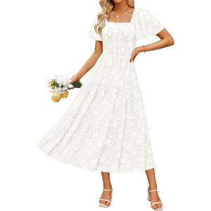imageZESICA Womens Summer Boho Floral Midi Dress 2025 Casual Short Sleeve Square Neck Flowy Beach Vacation Long DressWhite
