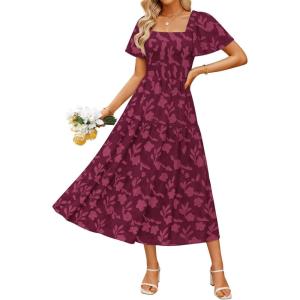 imageZESICA Womens Summer Boho Floral Midi Dress 2025 Casual Short Sleeve Square Neck Flowy Beach Vacation Long DressWine