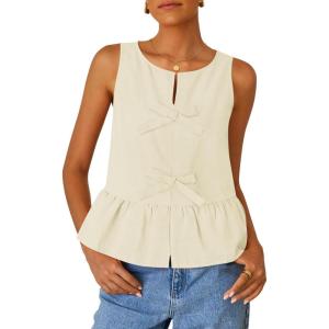 imageZESICA Womens Summer Sleeveless Tank Tops Crewneck Tie Front Loose Flowy Ruffle Peplum Babydoll BlousesApricot