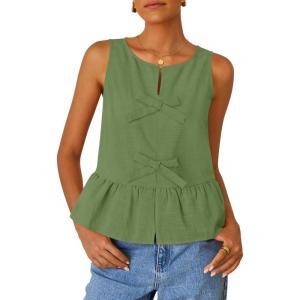 imageZESICA Womens Summer Sleeveless Tank Tops Crewneck Tie Front Loose Flowy Ruffle Peplum Babydoll BlousesArmygreen