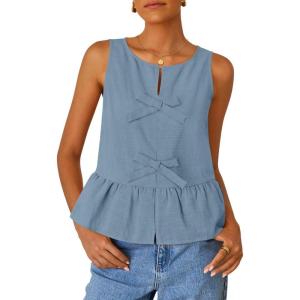 imageZESICA Womens Summer Sleeveless Tank Tops Crewneck Tie Front Loose Flowy Ruffle Peplum Babydoll BlousesDustyblue