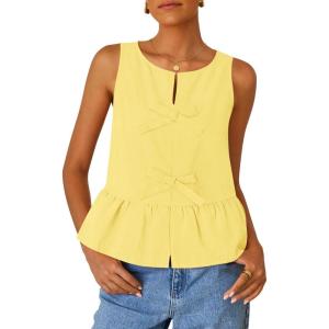 imageZESICA Womens Summer Sleeveless Tank Tops Crewneck Tie Front Loose Flowy Ruffle Peplum Babydoll BlousesYellow