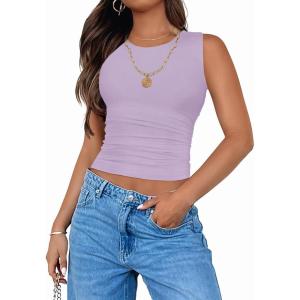 imageZESICA Womens Summer Tank Tops 2025 Sleeveless Crewneck Knit Slim Fitted Side Ruched Casual Basic ShirtPurple