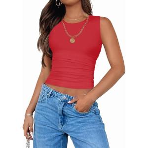 imageZESICA Womens Summer Tank Tops 2025 Sleeveless Crewneck Knit Slim Fitted Side Ruched Casual Basic ShirtRed