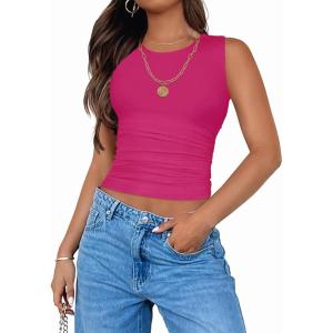 imageZESICA Womens Summer Tank Tops 2025 Sleeveless Crewneck Knit Slim Fitted Side Ruched Casual Basic ShirtRose