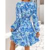 imageZESICA Fall Dresses for Women 2025 Boho Floral V Neck Long Sleeve Smocked ALine Flowy Casual Mini Dress with PocketsBlue
