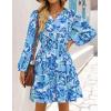 imageZESICA Fall Dresses for Women 2025 Boho Floral V Neck Long Sleeve Smocked ALine Flowy Casual Mini Dress with PocketsBlue