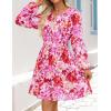 imageZESICA Fall Dresses for Women 2025 Boho Floral V Neck Long Sleeve Smocked ALine Flowy Casual Mini Dress with PocketsRed