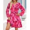 imageZESICA Fall Dresses for Women 2025 Boho Floral V Neck Long Sleeve Smocked ALine Flowy Casual Mini Dress with PocketsRose