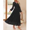 imageZESICA Womens 2025 Fall Long Sleeve Maxi Dress V Neck Hollow Out Eyelet A Line Long Flowy Casual Party DressesBlack