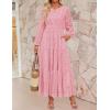imageZESICA Womens 2025 Fall Long Sleeve Maxi Dress V Neck Hollow Out Eyelet A Line Long Flowy Casual Party DressesPink