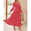 imageZESICA Womens 2025 Fall Long Sleeve Maxi Dress V Neck Hollow Out Eyelet A Line Long Flowy Casual Party DressesWatermelon