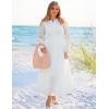 imageZESICA Womens 2025 Fall Long Sleeve Maxi Dress V Neck Hollow Out Eyelet A Line Long Flowy Casual Party DressesWhite