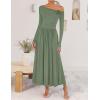 imageZESICA Womens 2025 Fall Long Sleeve Off Shoulder Maxi Dress Ribbed Knit Pleated Elegant Formal Dresses with PocketsBeangreen