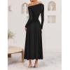 imageZESICA Womens 2025 Fall Long Sleeve Off Shoulder Maxi Dress Ribbed Knit Pleated Elegant Formal Dresses with PocketsBlack