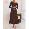 imageZESICA Womens 2025 Fall Long Sleeve Off Shoulder Maxi Dress Ribbed Knit Pleated Elegant Formal Dresses with PocketsBrown