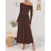 imageZESICA Womens 2025 Fall Long Sleeve Off Shoulder Maxi Dress Ribbed Knit Pleated Elegant Formal Dresses with PocketsBrown