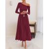 imageZESICA Womens 2025 Fall Long Sleeve Off Shoulder Maxi Dress Ribbed Knit Pleated Elegant Formal Dresses with PocketsWine